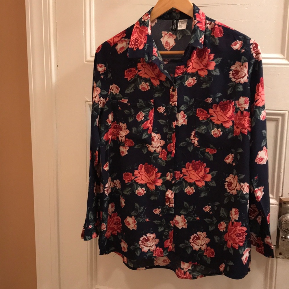Navy with rose print blouse
